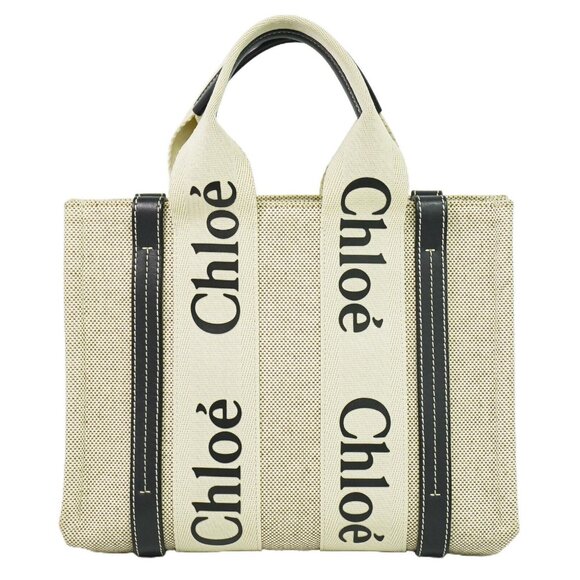 Chloe Woody Small Canvas Tote Handbag Beige Navy